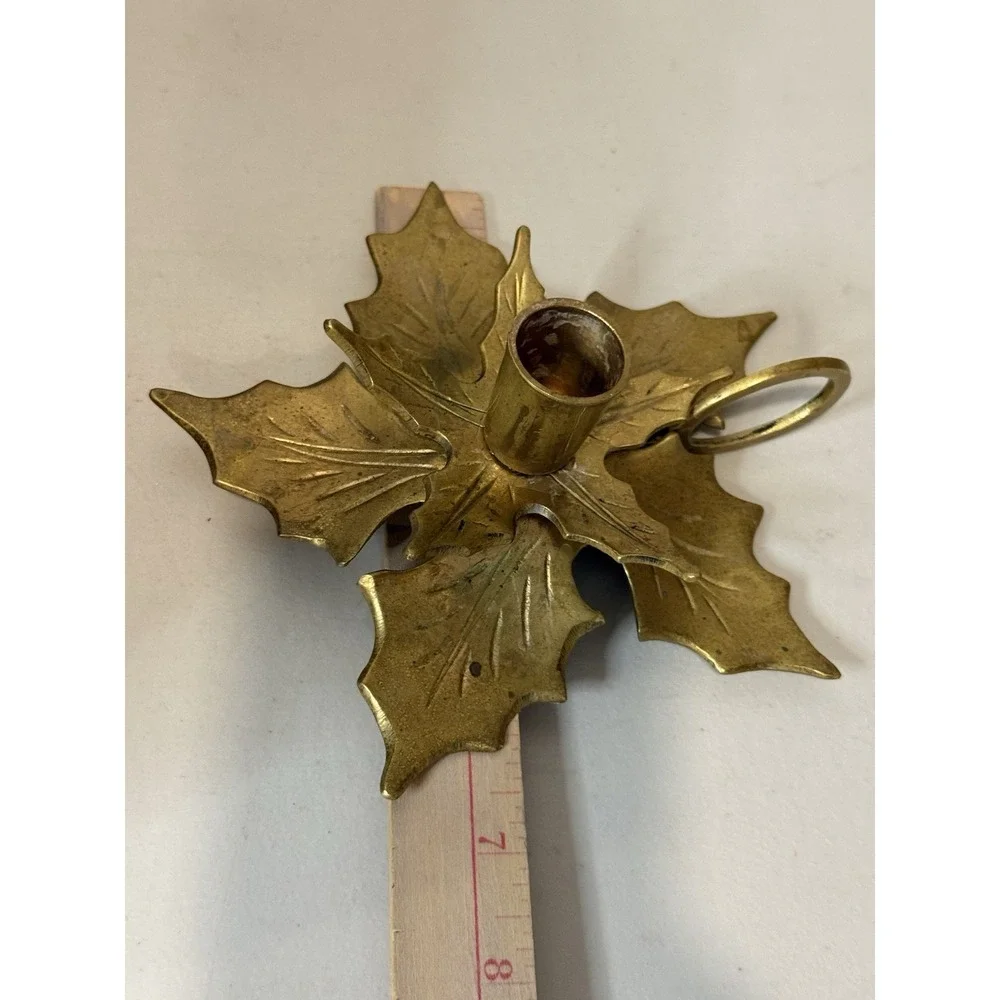 Vintage Solid Brass Holly Leaf Candlestick Holder Ring Handle Christmas‎ MCM